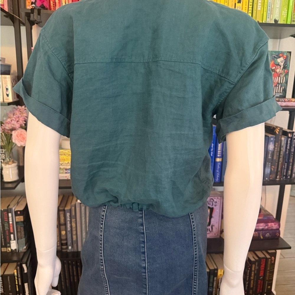 Athleta Teal Linen Resort Short Sleeve Top with pocket - Picture 3 of 9